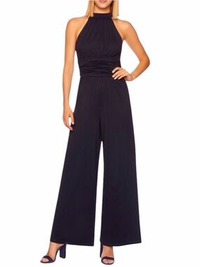 NWT MSRP $198 Susana Monaco Gathered Mock Neck Midnight Blue Jumpsuit Wide-Leg